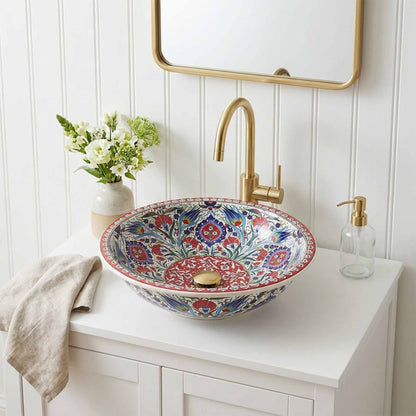 Ruby Garden Medallion Ceramic Vessel Sink, Handpainted Bathroom Basin