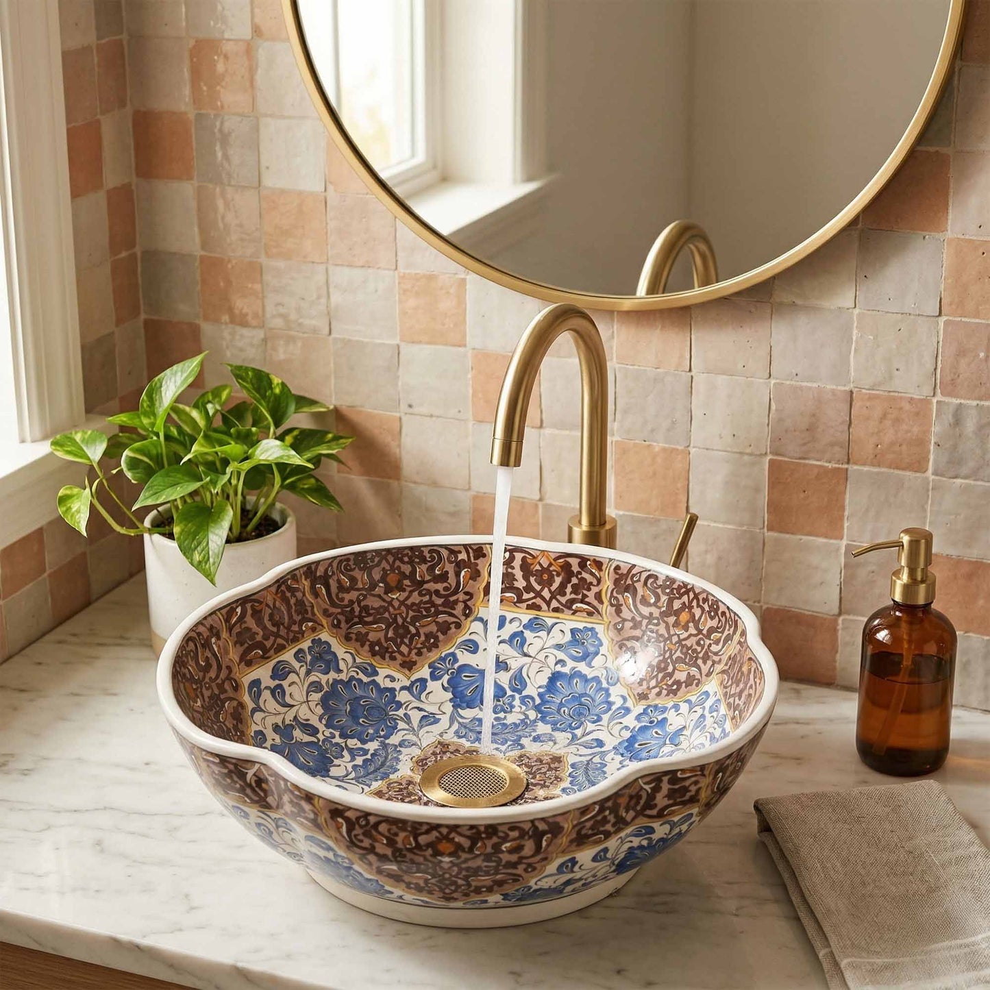 Decorative ceramic sink with floral patterns in a bathroom setting