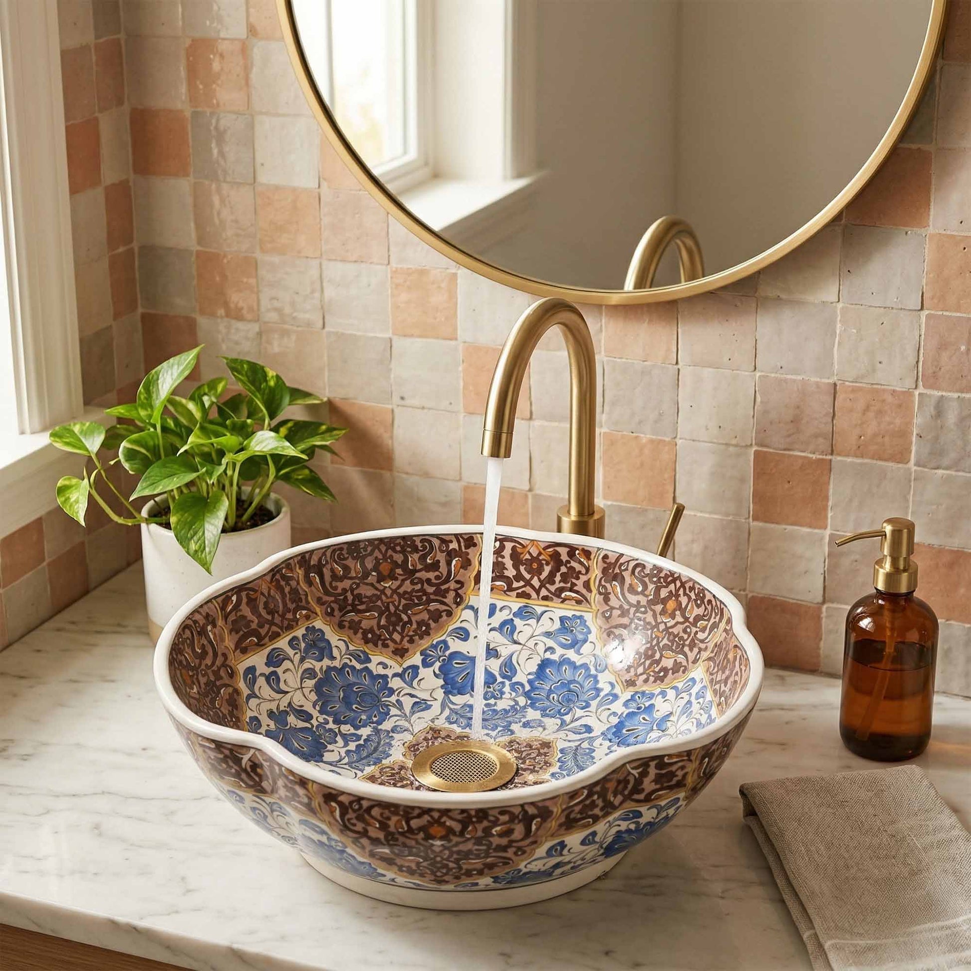 Decorative ceramic sink with floral patterns in a bathroom setting