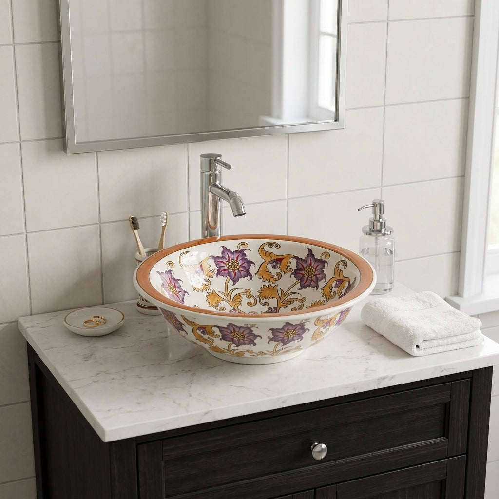 Decorative ceramic sink with floral patterns on a marble countertop in a bathroom setting.