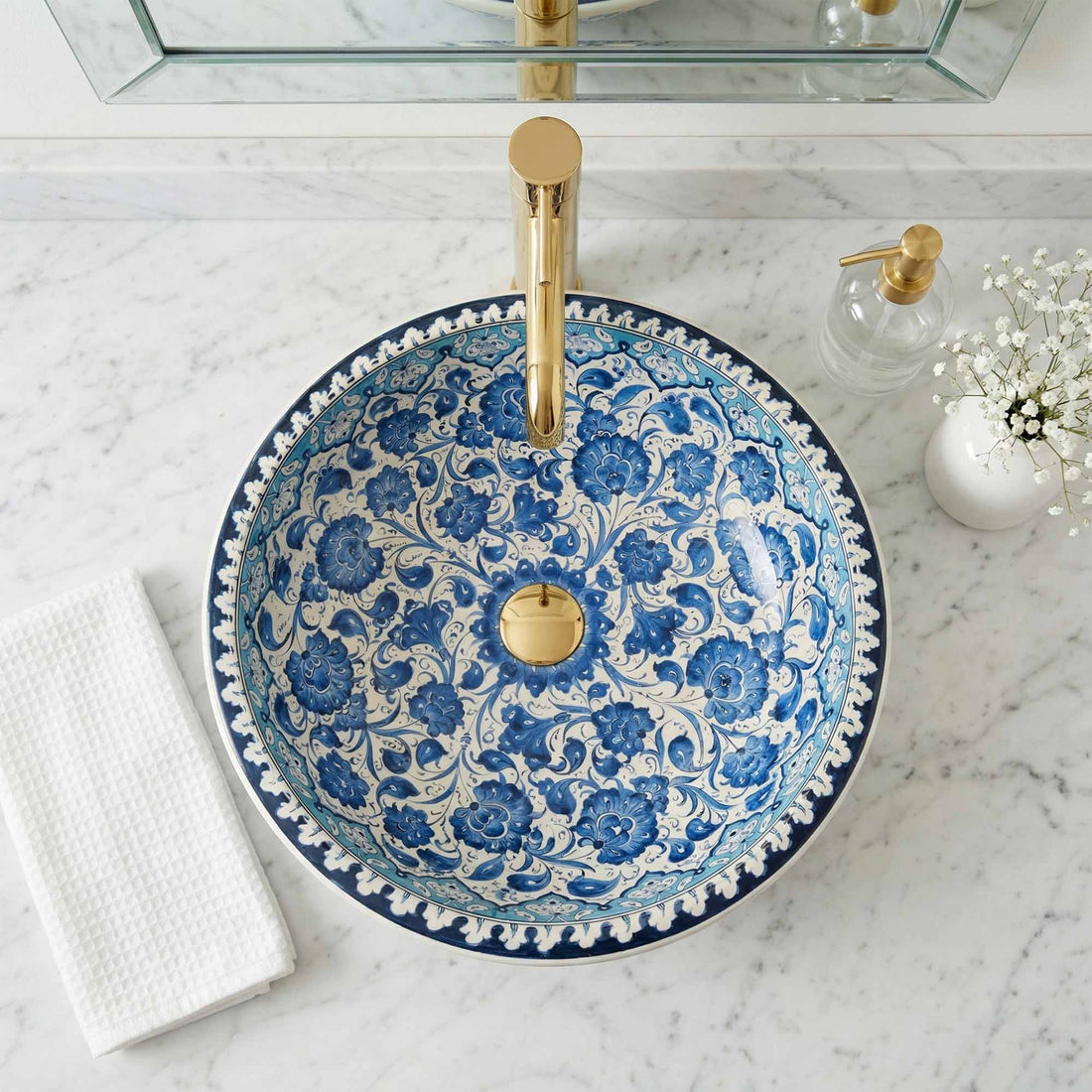 Azure Garden Ceramic Vessel Sink, Handpainted Blue Floral Bathroom Basin