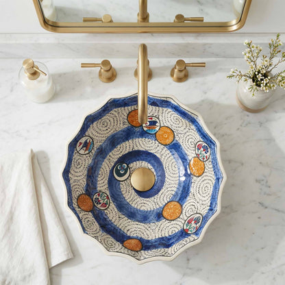 Aegean Wave Ceramic Vessel Sink, Handpainted Scalloped Bathroom Basin