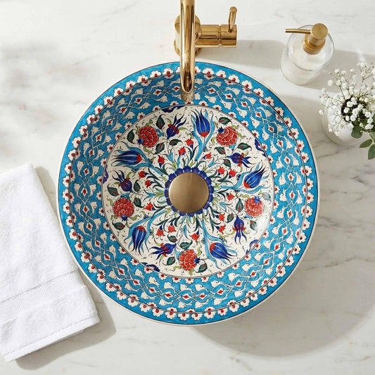 Sky Tulip Ceramic Vessel Sink, Handpainted Turkish Bathroom Basin