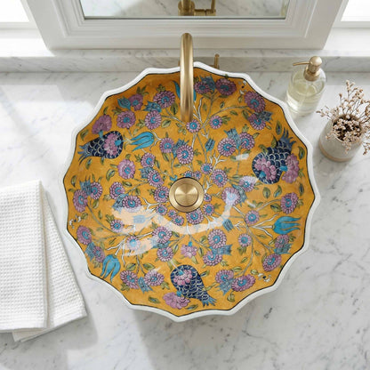 Golden Meadow Ceramic Vessel Sink, Handpainted Scalloped Bathroom Basin