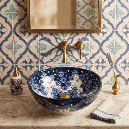 Moonlit Wildflower Ceramic Vessel Sink, Handpainted Bathroom Basin