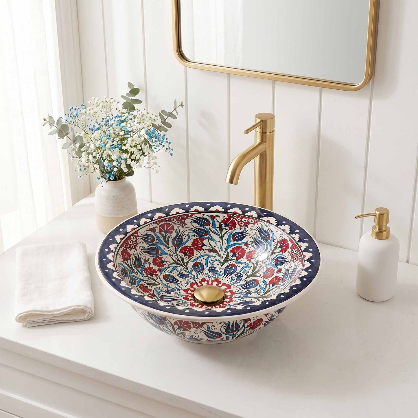 Tulip Garden Ceramic Vessel Sink, Handpainted Bathroom Basin