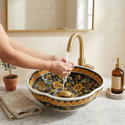 Person washing hands under a gold faucet in a decorative floral ceramic sink.