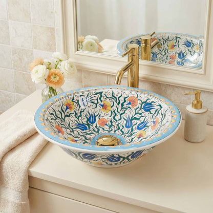 Sky Tulip Ceramic Vessel Sink, Handpainted Floral Bathroom Basin