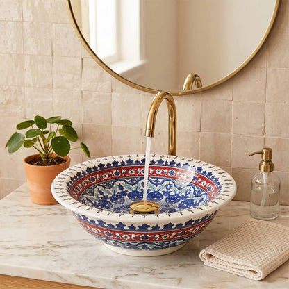 Sapphire Blossom Heritage Ceramic Vessel Sink, Handpainted Bathroom Basin