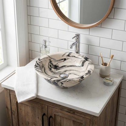 Black Marble Swirl Ceramic Vessel Sink, Handpainted Bathroom Basin