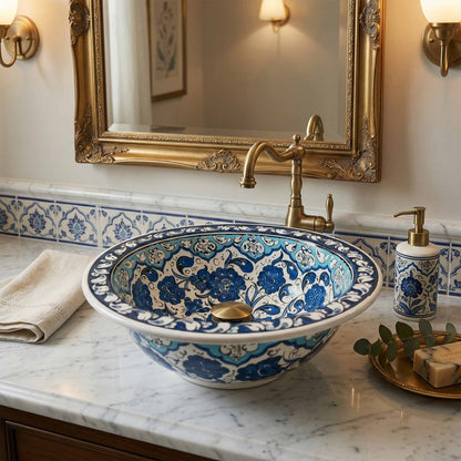 Azure Bloom Ceramic Vessel Sink, Handpainted Floral Bathroom Basin