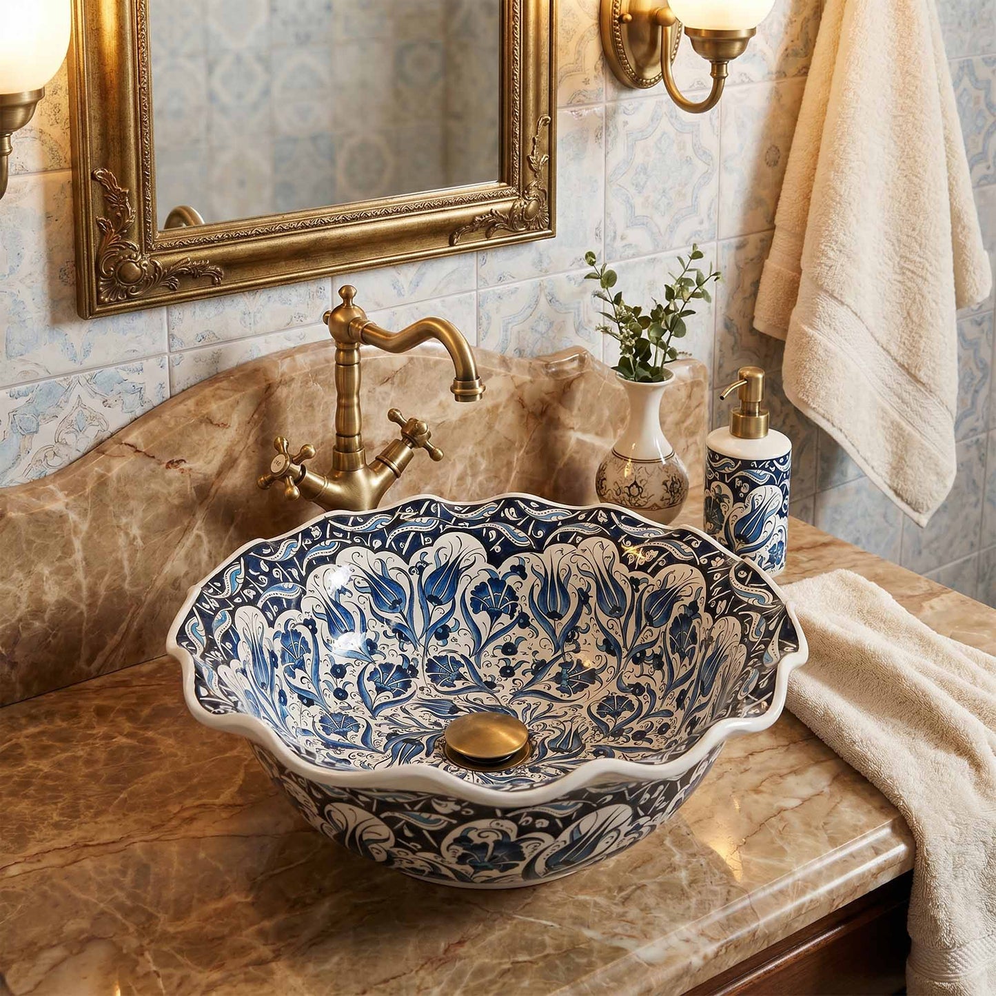 Sultan's Garden Ceramic Vessel Sink, Handpainted Bathroom Basin