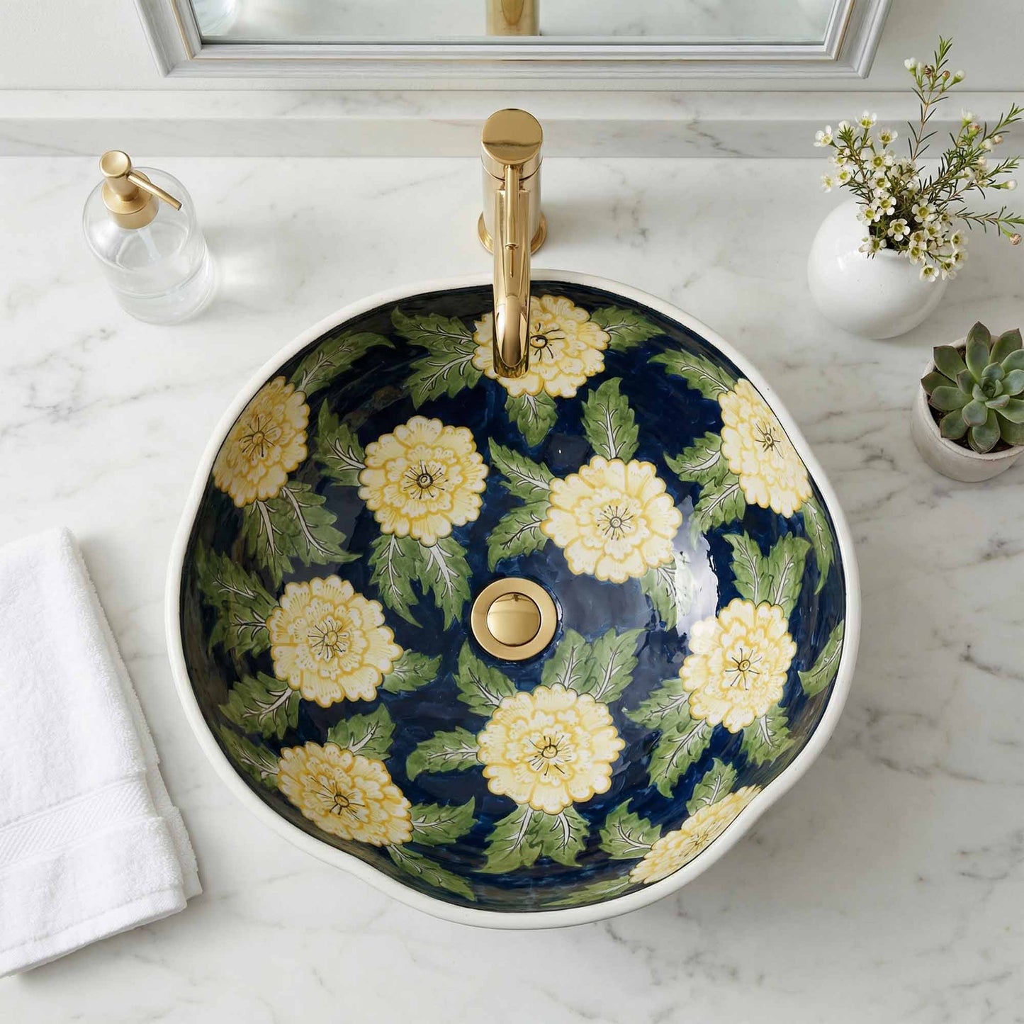 Golden Bloom Ceramic Vessel Sink, Handpainted Floral Bathroom Basin
