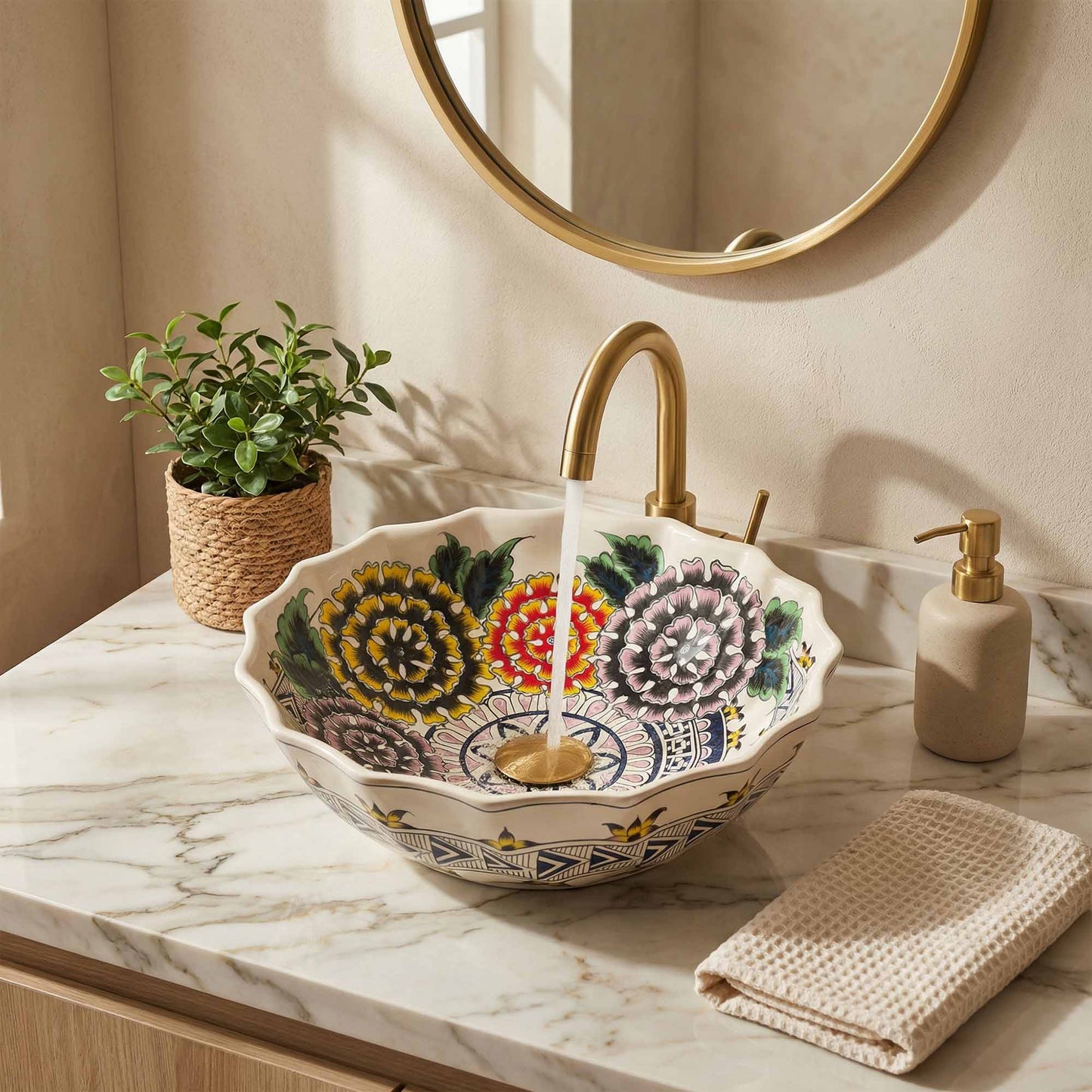 Wildflower Garden Ceramic Vessel Sink, Handpainted Floral Bathroom Basin