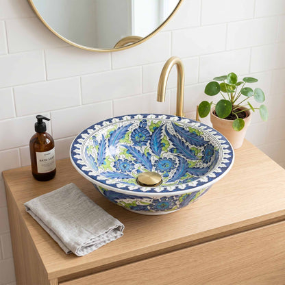 Sapphire Breeze Floral Ceramic Vessel Sink, Handpainted Bathroom Basin