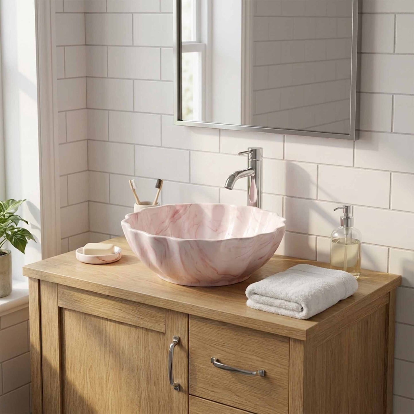 Blush Petal Marble Ceramic Vessel Sink, Handpainted Artistic Bathroom Basin