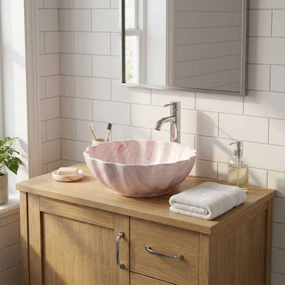 Blush Petal Marble Ceramic Vessel Sink, Handpainted Artistic Bathroom Basin