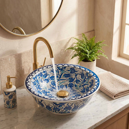 Ottoman Garden Ceramic Vessel Sink, Handpainted Bathroom Basin