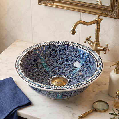 Decorative blue mosaic sink with gold faucet in a bathroom setting