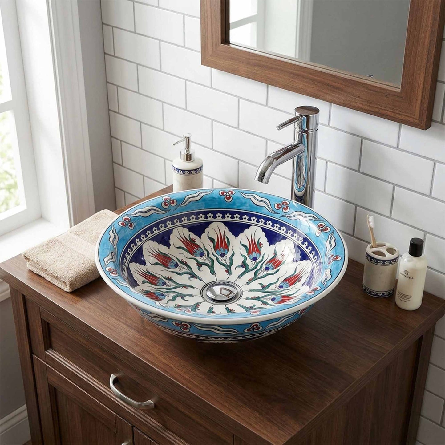 Sky Blossom Tulip Ceramic Vessel Sink, Handpainted Bathroom Basin