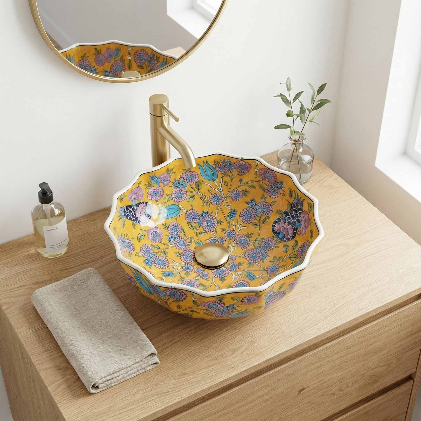 Golden Meadow Ceramic Vessel Sink, Handpainted Scalloped Bathroom Basin