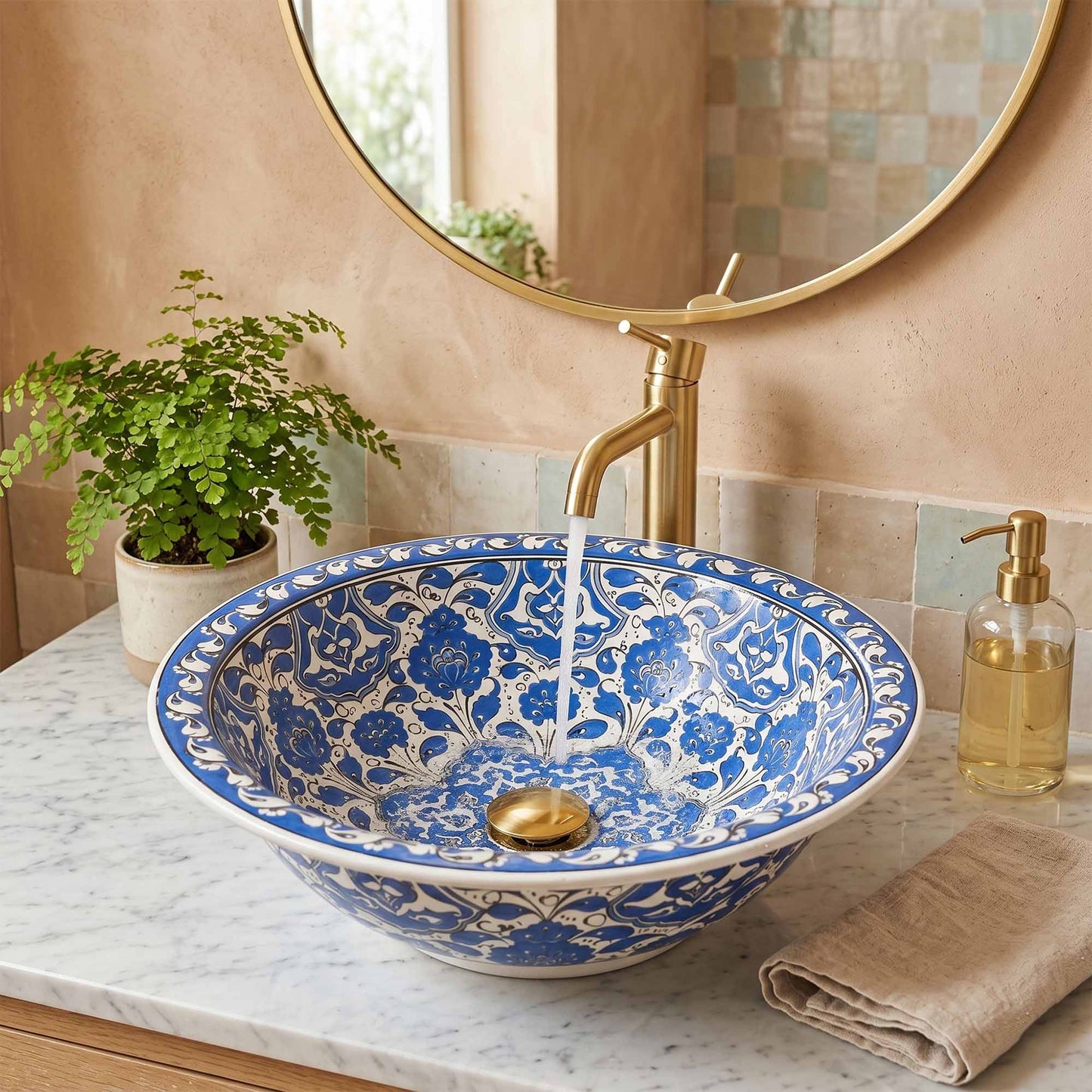 Azure Palace Floral Ceramic Vessel Sink, Handpainted Bathroom Basin
