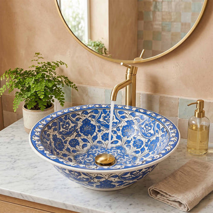 Azure Palace Floral Ceramic Vessel Sink, Handpainted Bathroom Basin