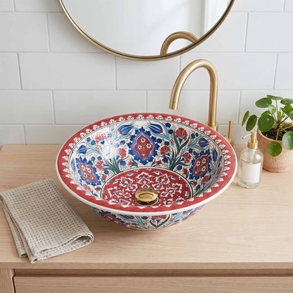 Ruby Garden Arabesque Ceramic Vessel Sink, Handpainted Bathroom Basin