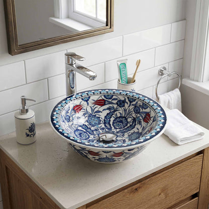 Crimson Tulip Garden Ceramic Vessel Sink, Handpainted Bathroom Basin