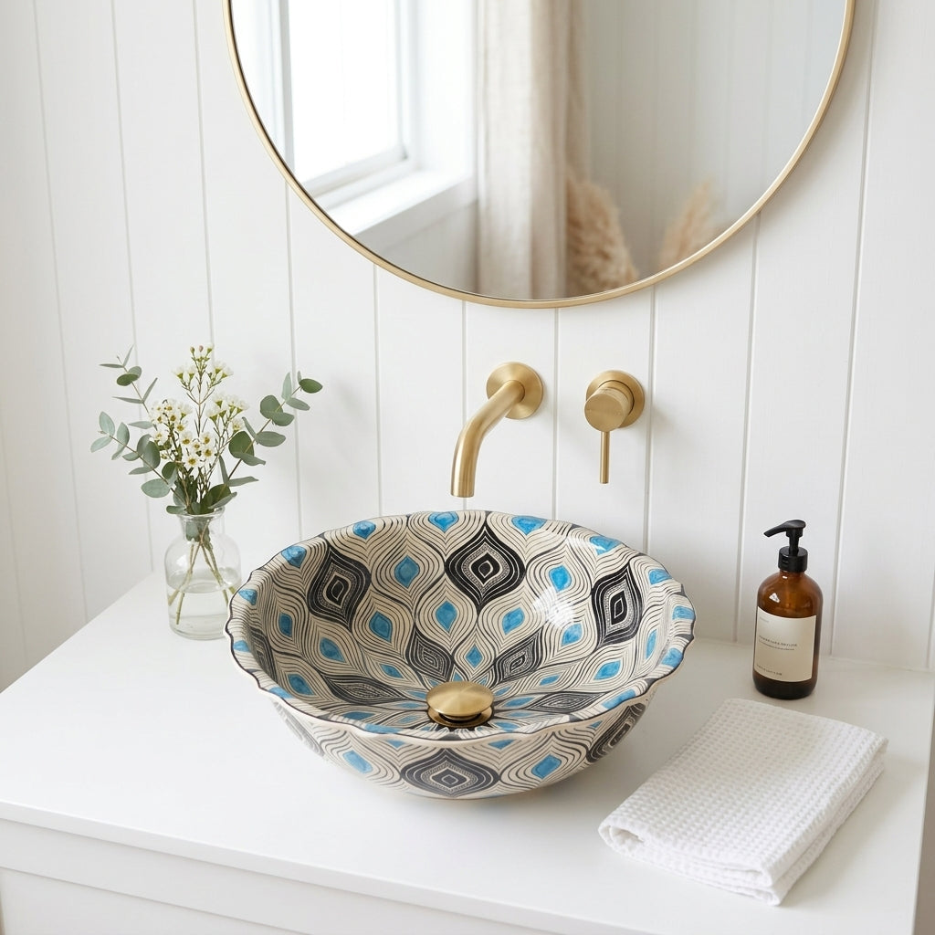 Bathroom vanity with a patterned ceramic sink, gold faucet, and decorative elements.