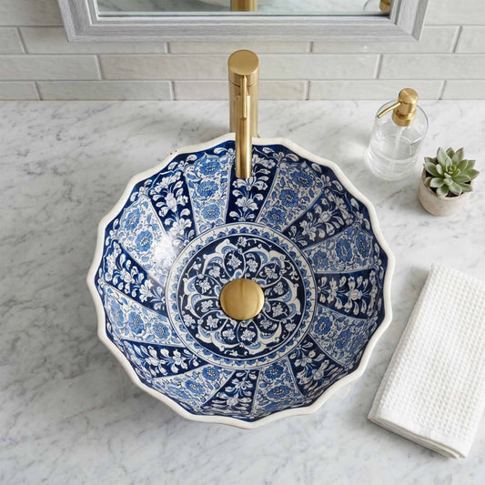 Royal Indigo Ceramic Vessel Sink, Handpainted Floral Bathroom Basin