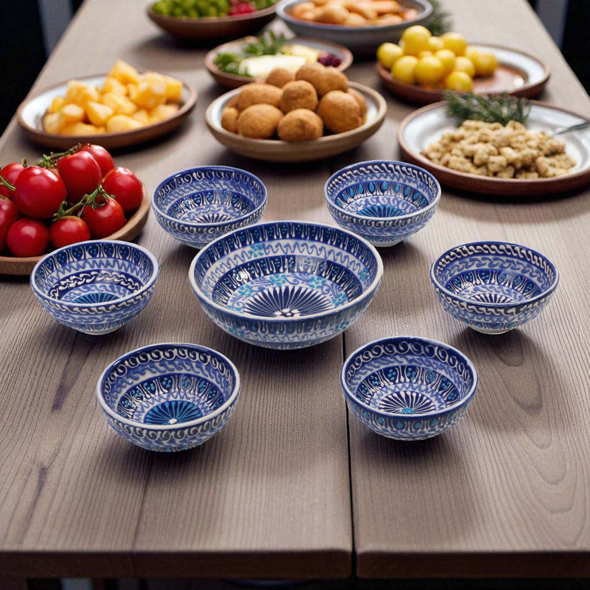 Set of blue ceramic bowls on a wooden table with various food items.
