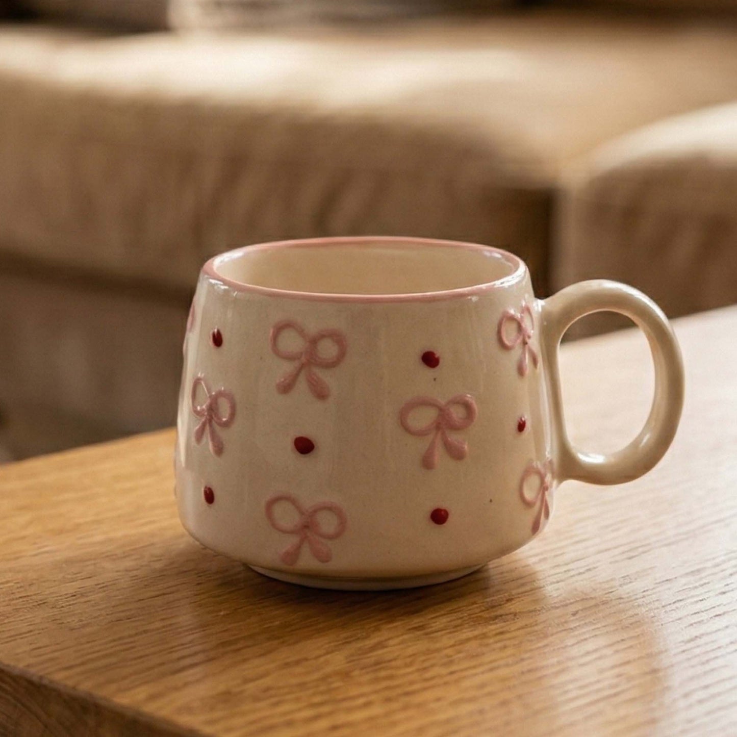 Ceramic mug with bow and dot pattern on a wooden surface