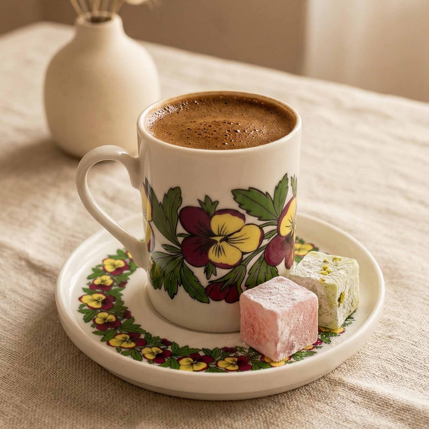 Decorative coffee cup with floral design on a saucer with Turkish delight, on a beige surface.