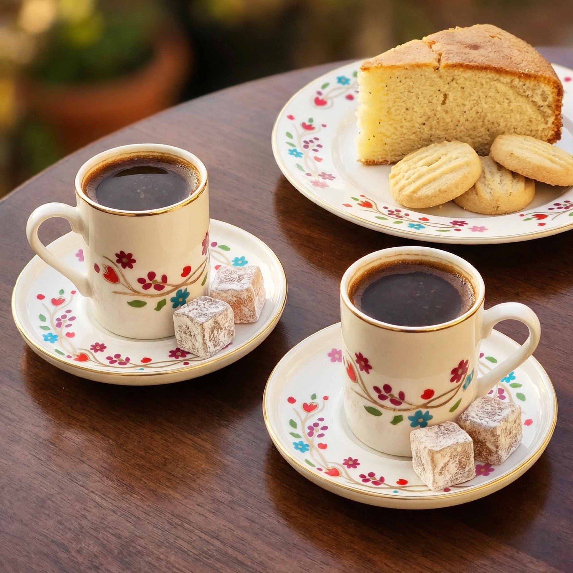 Two cups of coffee with floral patterns on saucers, accompanied by cookies and cake on a wooden table.