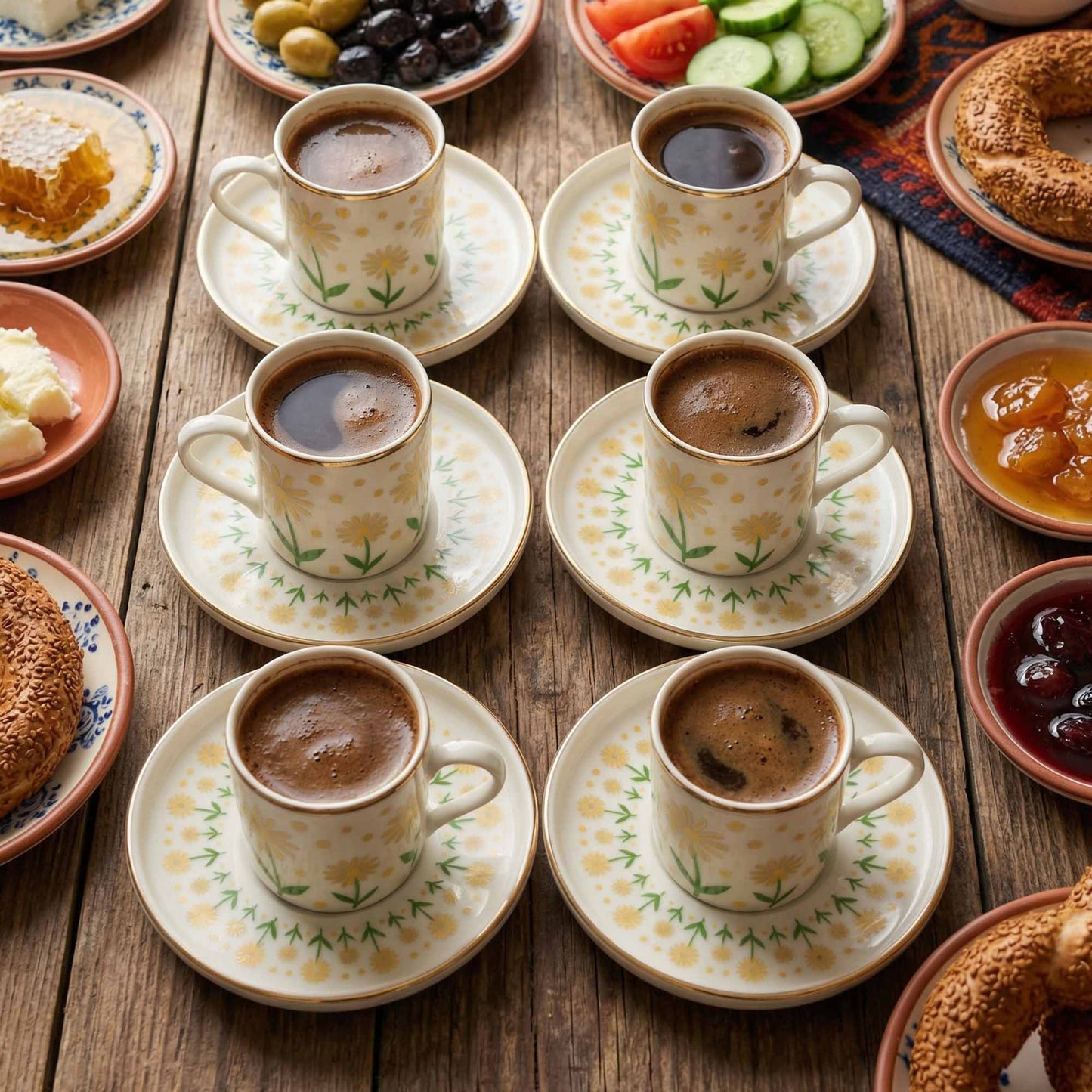 Café con leche cups on floral saucers with pastries and fruit on a wooden table