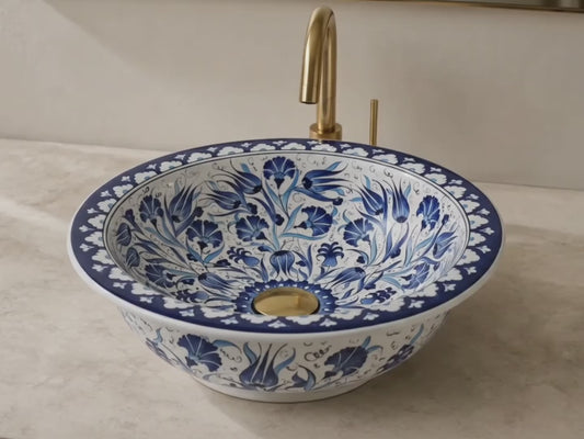 Midnight Tulip Ceramic Vessel Sink, Handpainted Bathroom Basin