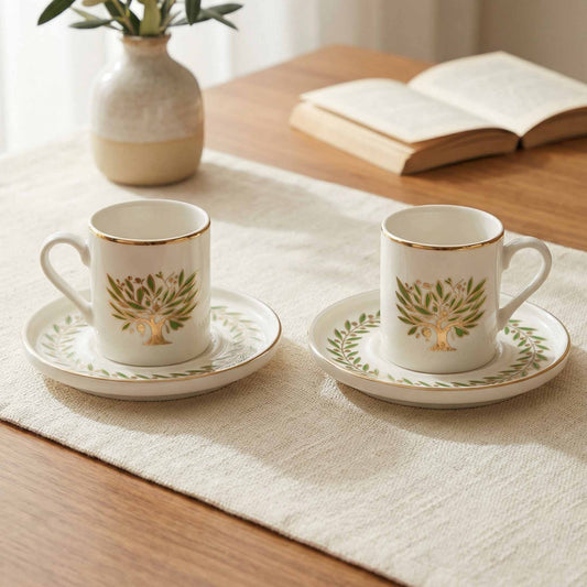 Two white porcelain cups with gold and green designs on saucers, placed on a wooden table with a book and vase in the background.