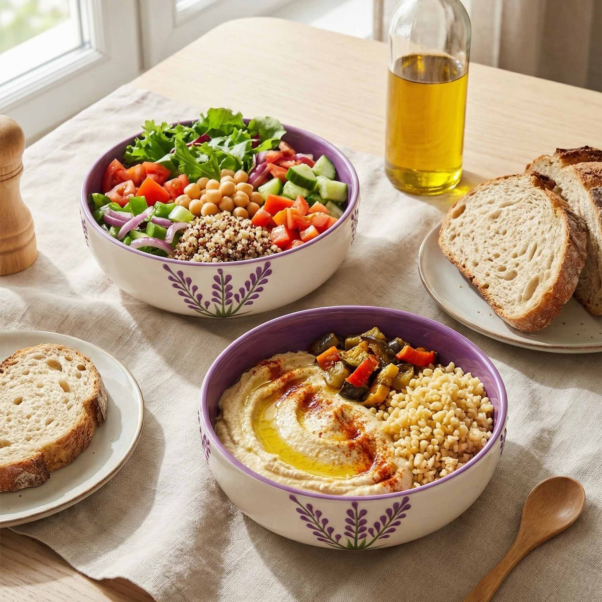 Two bowls of salad and hummus on a table with bread and olive oil.