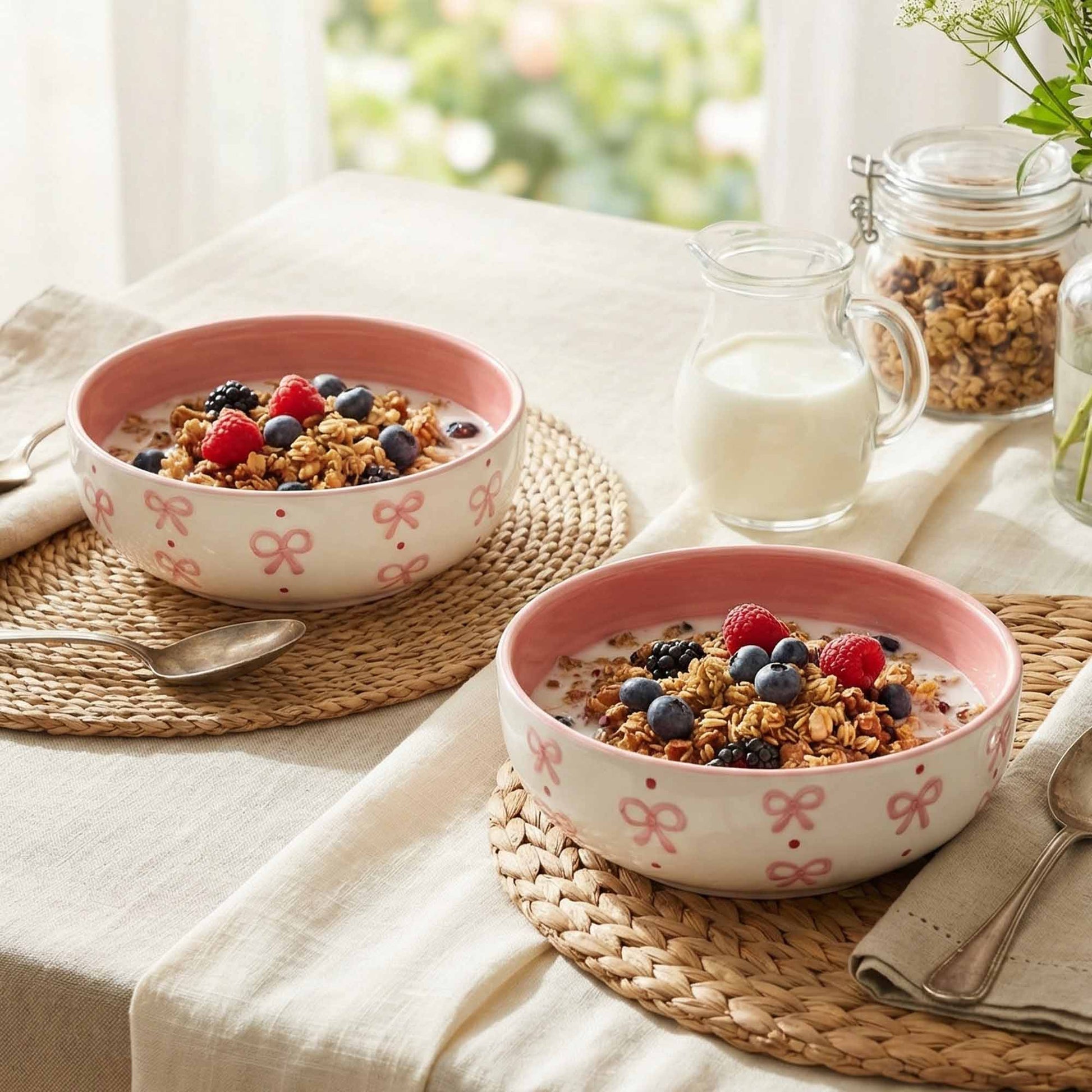 Two pink bowls with cereal and berries on a table with a glass of milk.