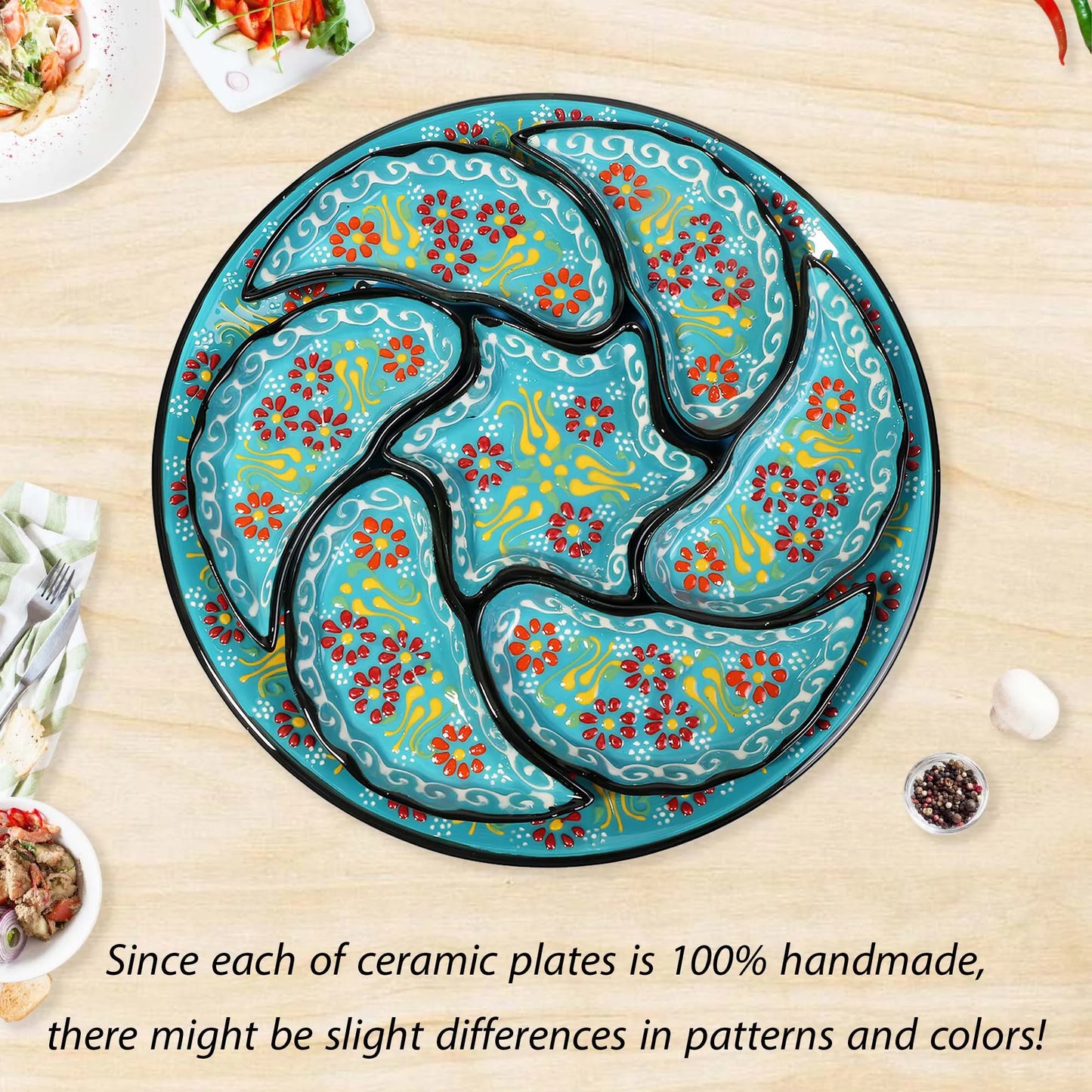 Turquoise Turkish floral ceramic snack serving tray set, 8-piece handmade platter with red and yellow floral motifs, artisan appetizer dish set
