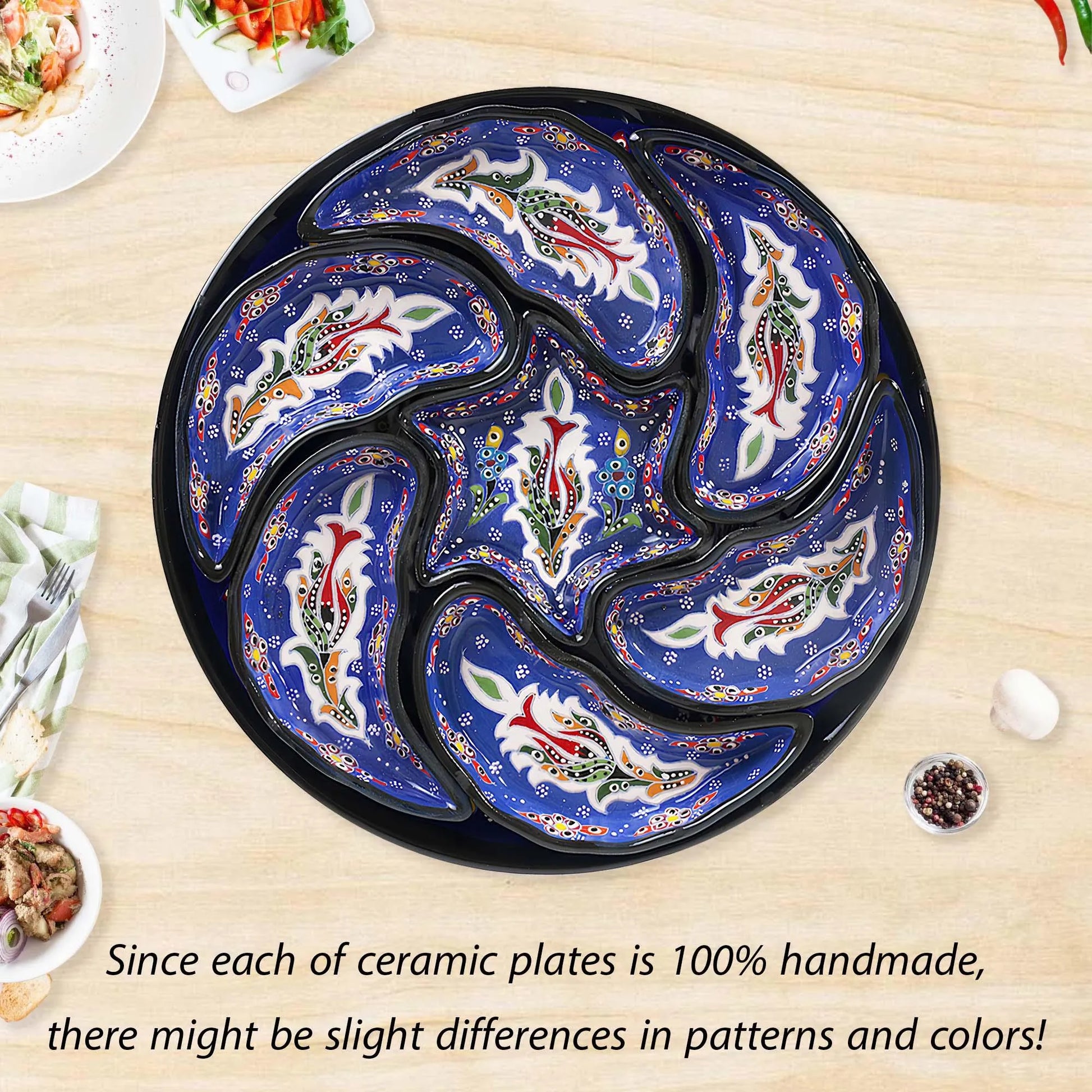 Blue Turkish Floral – 8 Piece Ceramic Snack Serving Tray Set, Handmade Appetizer Platters - EVANILIFE