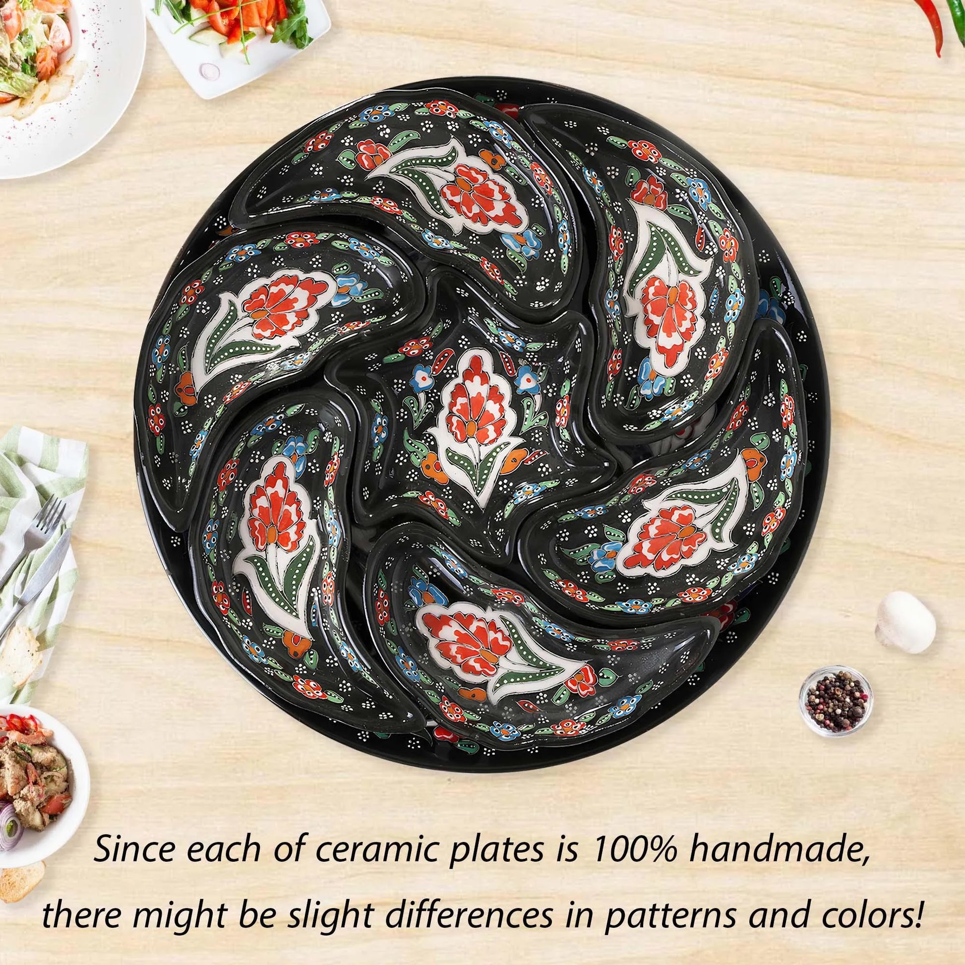 Black Turkish Floral – 8 Piece Ceramic Snack Serving Tray Set, Handmade Appetizer Platters - EVANILIFE