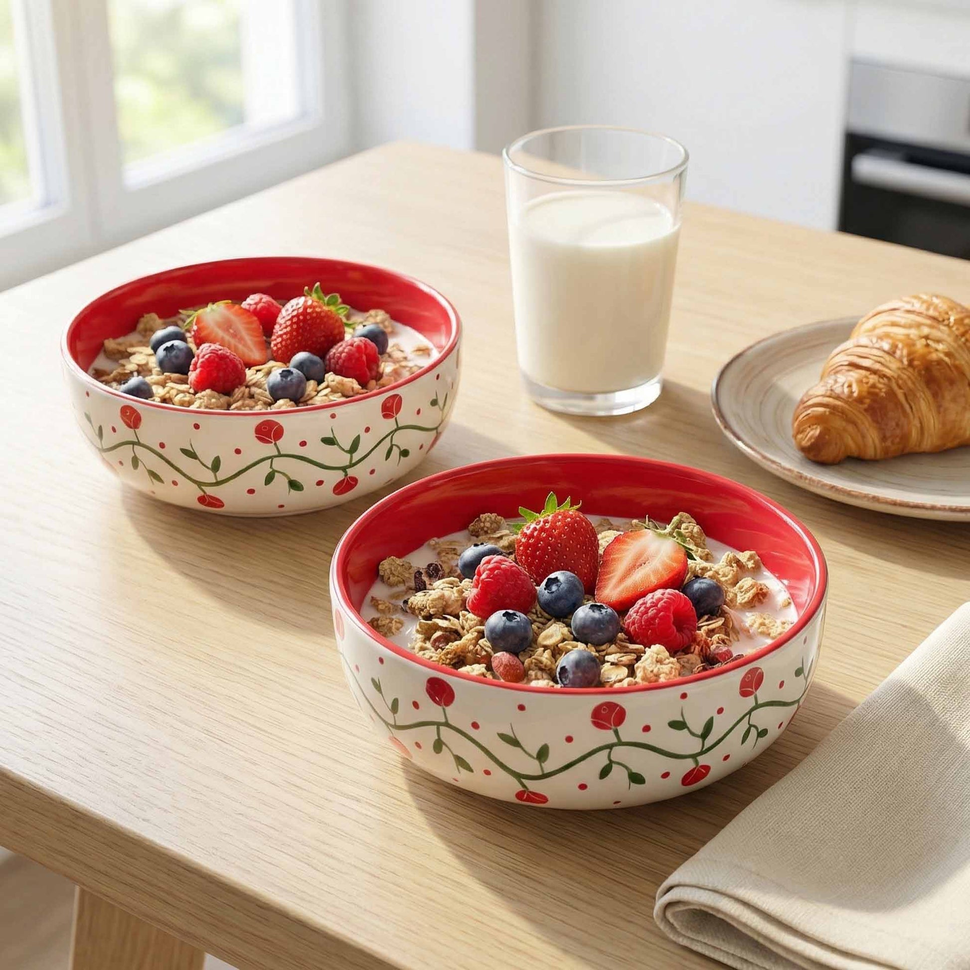 Two bowls of cereal with fruit and milk, accompanied by a croissant on a wooden table.
