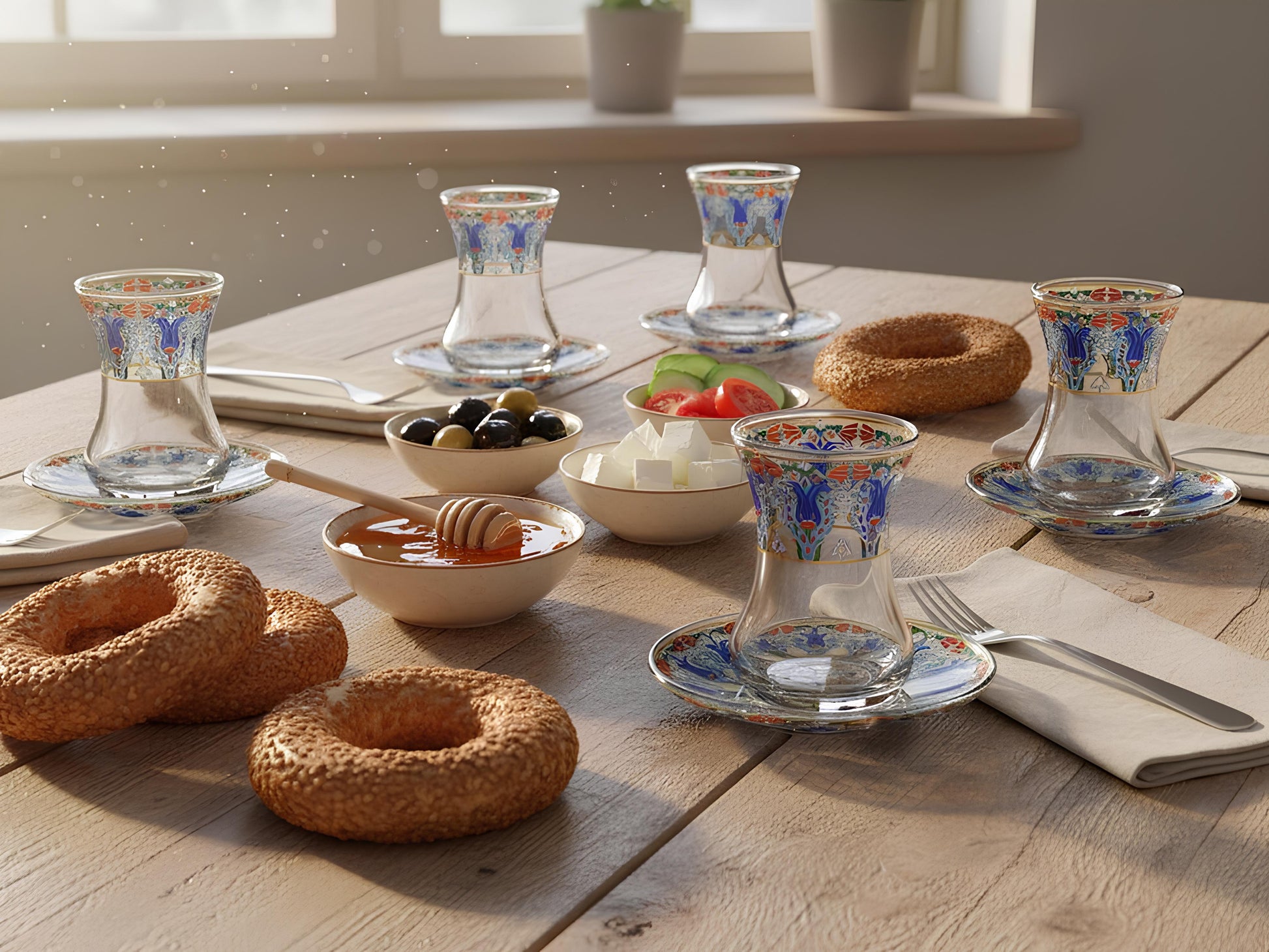 Tea glasses with colorful designs on a wooden table with bread and snacks.