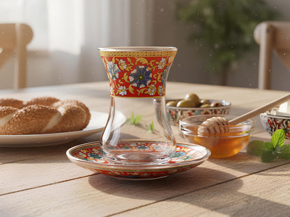 Decorative glass with floral design on a wooden table with pastries and honey.