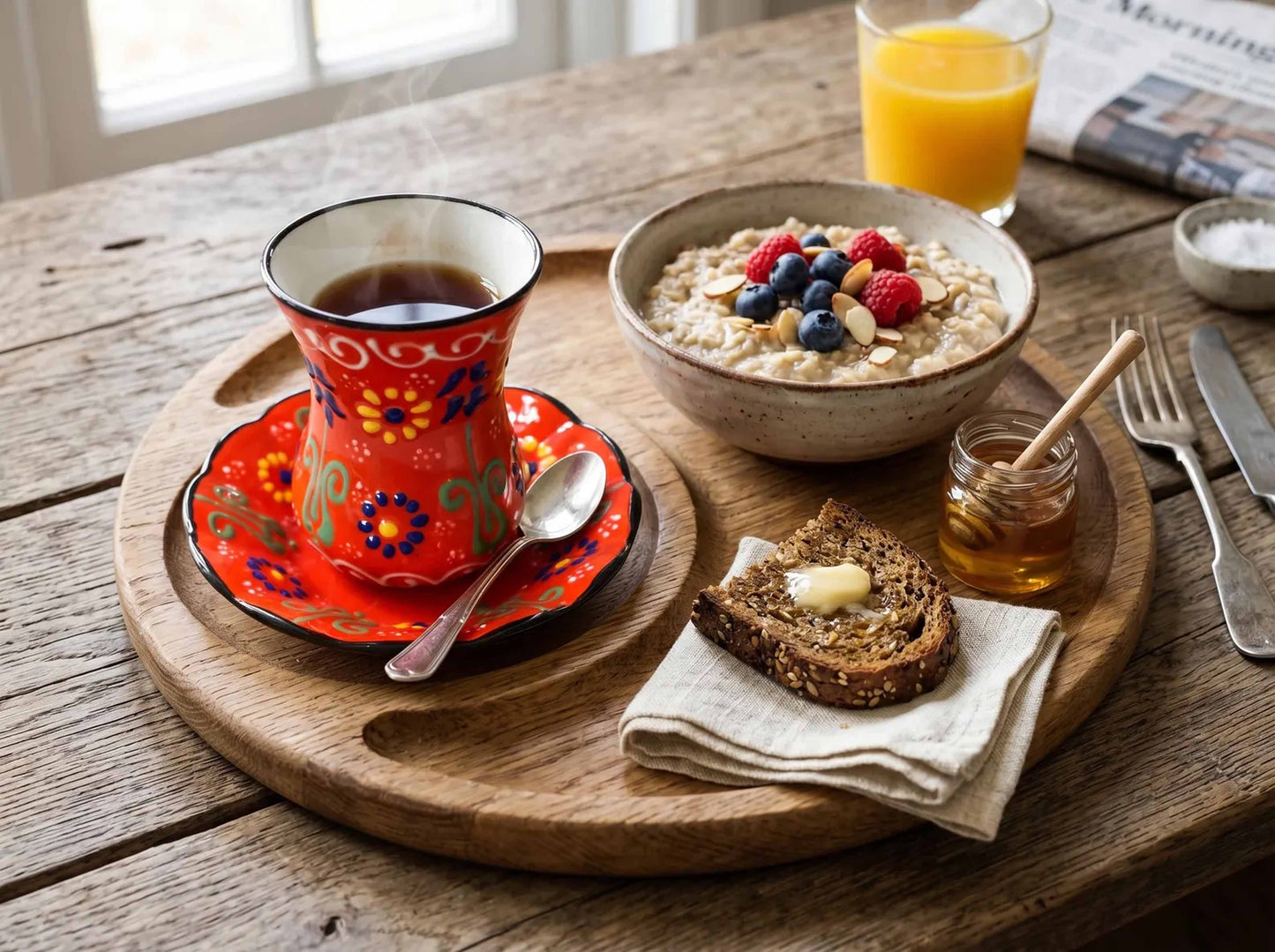 Breakfast setting with a cup of coffee, bowl of oatmeal, toast, and orange juice on a wooden table.
