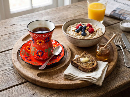 Breakfast setting with a cup of coffee, bowl of oatmeal, toast, and orange juice on a wooden table.
