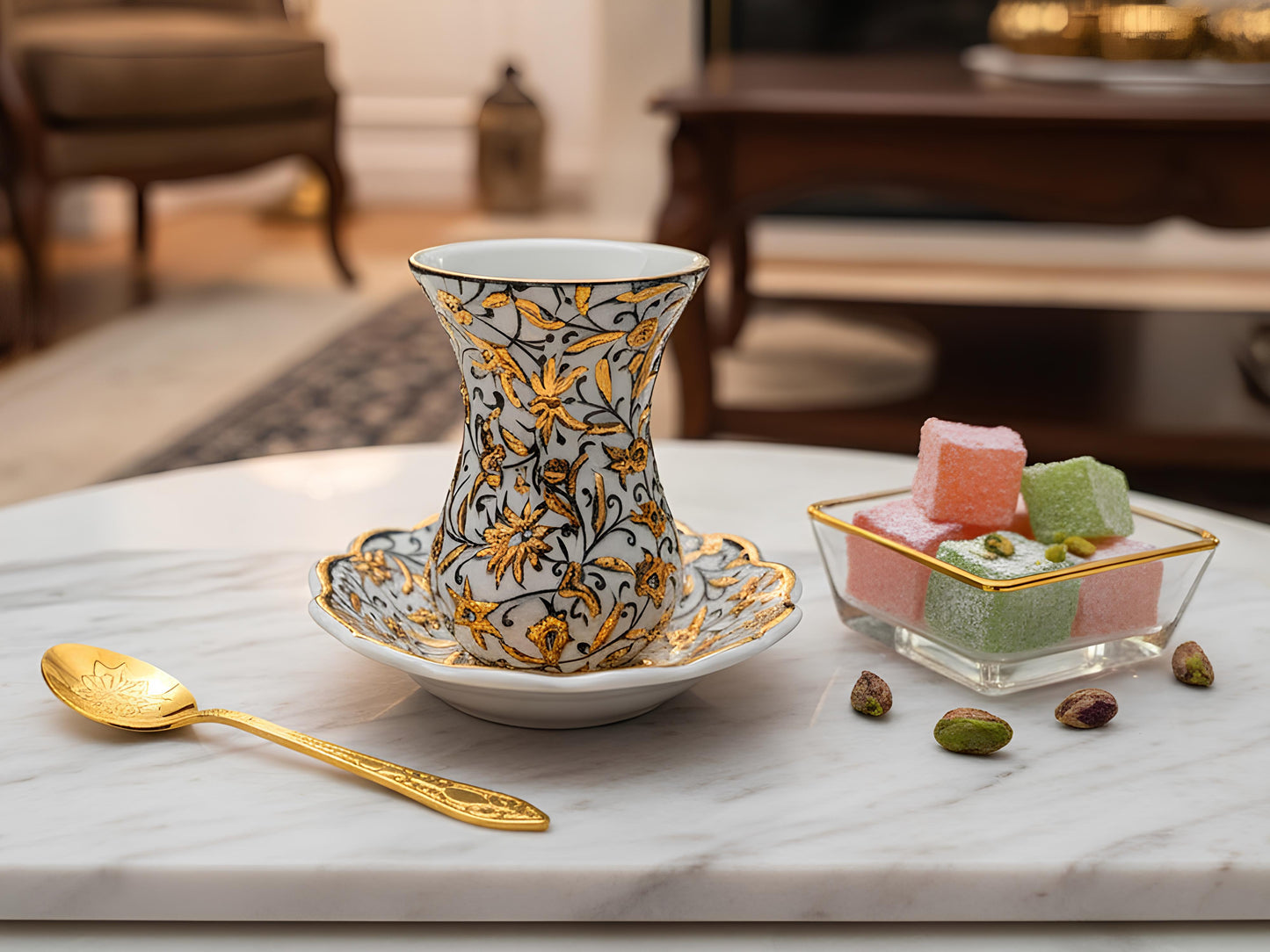Decorative teacup with gold patterns on a marble surface, accompanied by a spoon and small desserts.