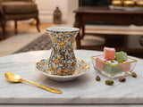 Golden Accent Ceramic Turkish Tea Cups with Saucers, Handmade Ottoman Tea Set